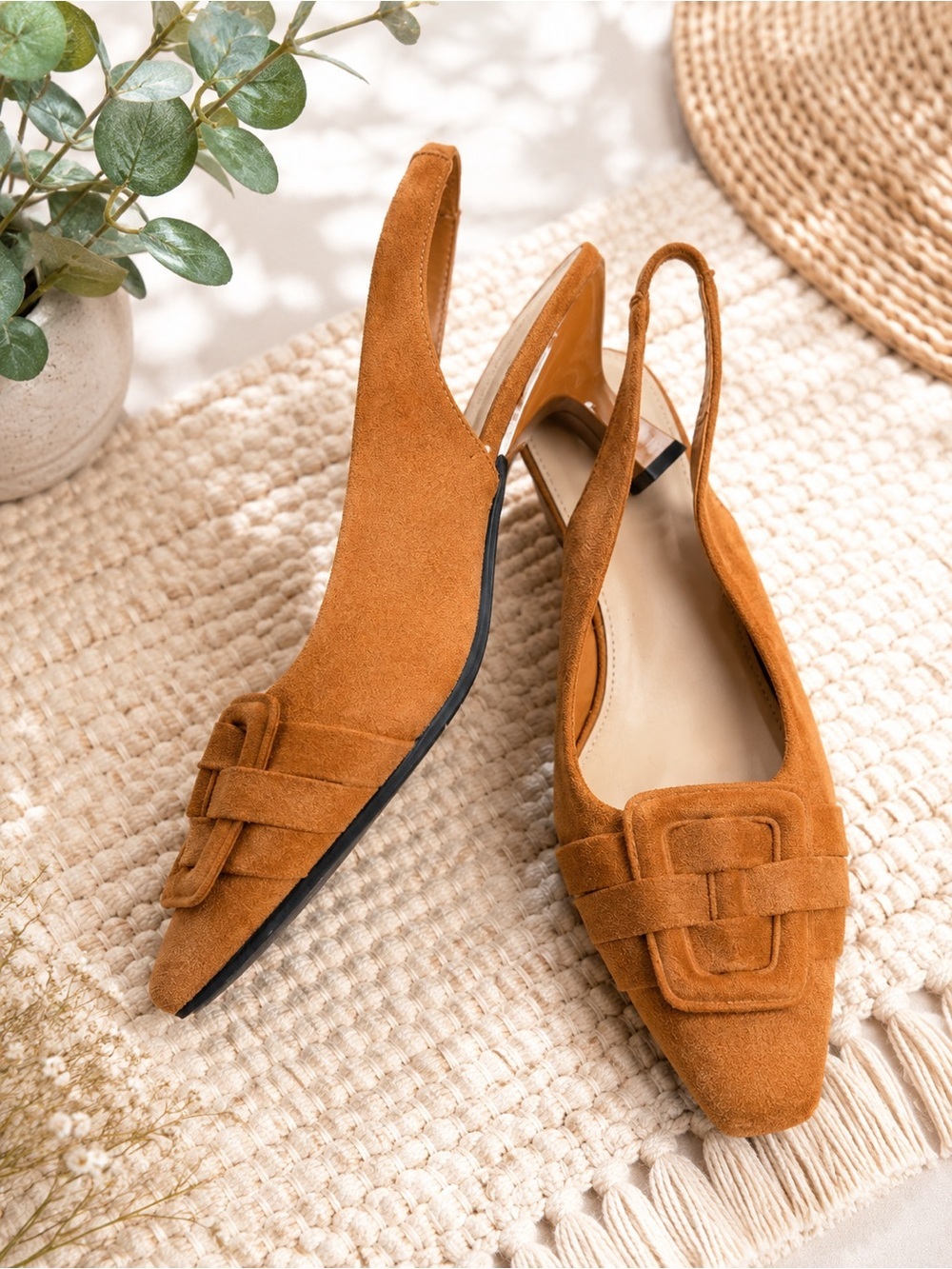 Women's Suede Slingback Heels in Cognac Tan